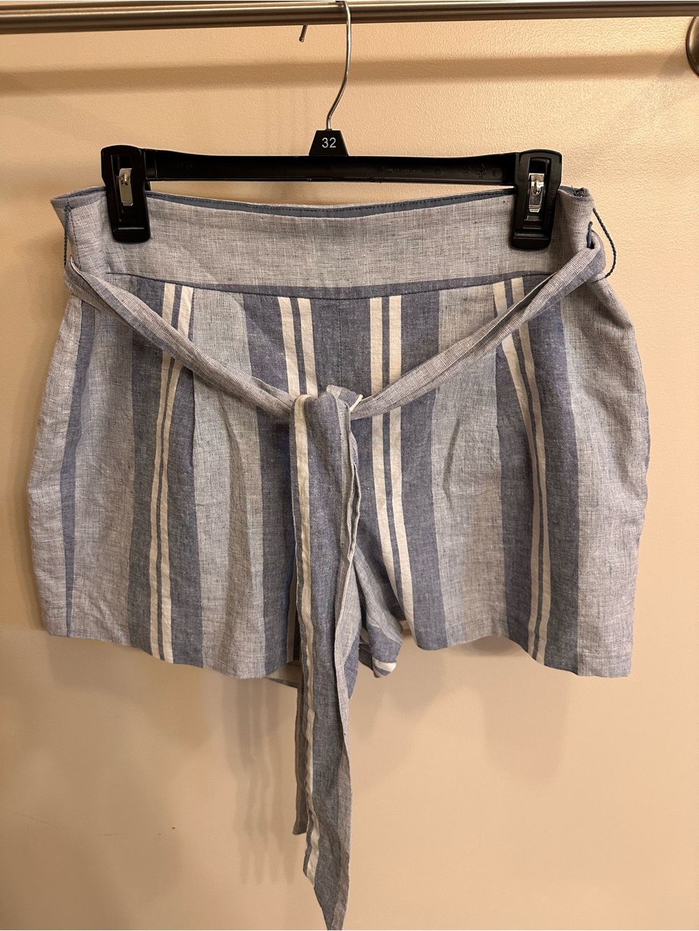 Express Striped Linen Tie-Waist Shorts in Blue & White